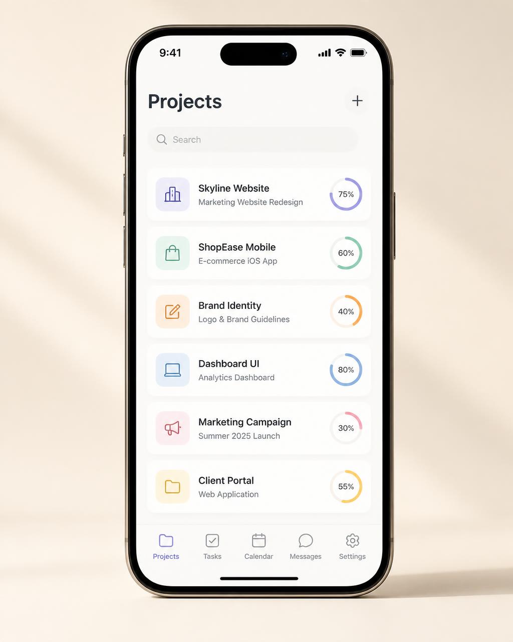 Projects list on an iPhone showing progress rings for each project