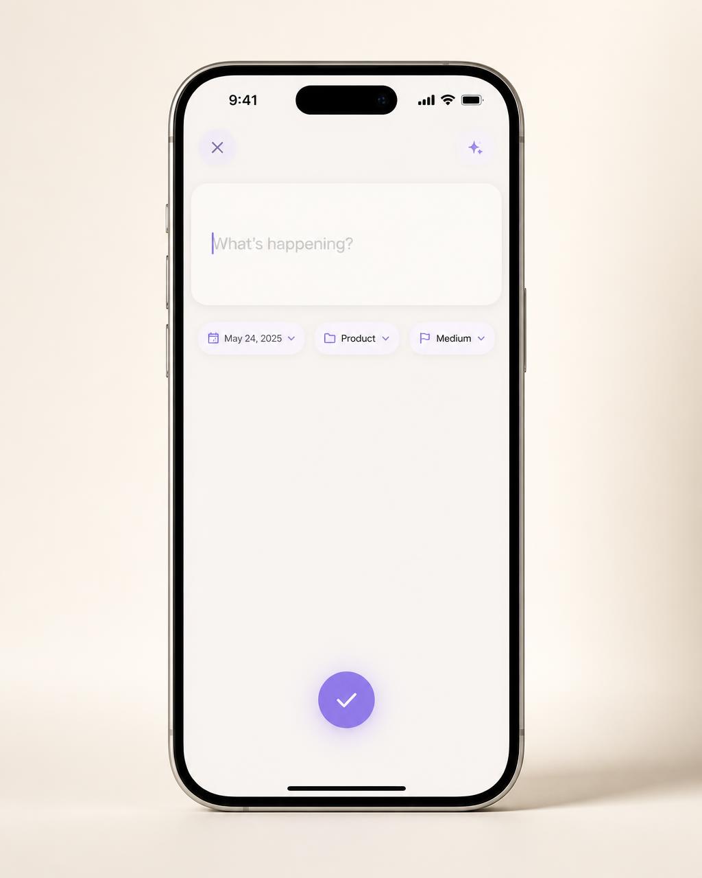 Quick event composer with a single input line and chips for date, project, and priority